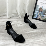 2023夏季女鞋休闲韩版时尚露趾包跟中跟粗跟搭扣，真皮羊绒皮女凉鞋