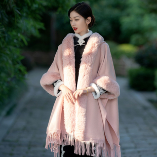中国风毛披肩(毛披肩)旗袍外搭复古皮草毛领披风女加绒加厚斗篷外套秋冬季