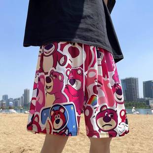 夏季草莓熊卡通印花短裤男居家睡裤薄款海边沙滩裤五分情侣休闲裤