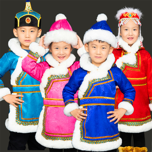 秋冬儿童蒙古袍加绒棉衣，袄带帽保暖男女同，款宝蓝色日常民族风服装