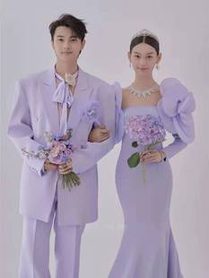 2023展会紫色影楼摄影婚纱，情侣写真高订韩式鱼尾花朵拍照彩纱