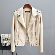 韩国米白色真皮皮，衣女春秋修身拉链机车夹克，时尚气质短款外套