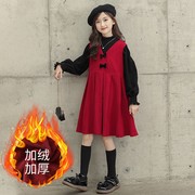 女童套装冬装2021洋气儿童加绒红色背带裙两件套中大童圣诞服