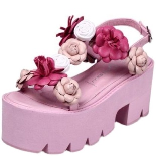 Jc花朵厚底女鞋春夏粉色甜美花朵露趾方跟高跟休闲凉鞋：