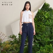 AtelierMissLu设计师品牌小圆领浅驼拼白无袖衬衫短上衣