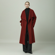 原创设计师品牌女装红色双面呢大衣100%羊毛2023秋冬设计感外套