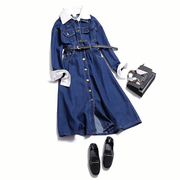 连衣裙女装赫本风法式裙子2023秋冬款牛仔假两件深蓝色洋气设计感