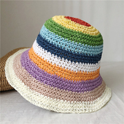 彩色条纹手工草帽子夏季防晒遮阳盆帽可折叠出游沙滩帽大沿渔夫帽