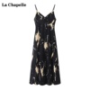 拉夏贝尔/La Chapelle水墨压褶吊带连衣裙女夏黑色V领中长款裙子