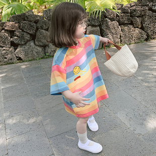 女童韩版t恤长款彩虹上衣，儿童彩色条纹连衣，裙子夏装宽松童装