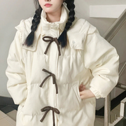 蝴蝶结白色棉服女冬季加厚棉袄外套韩版设计感小众学院风棉衣
