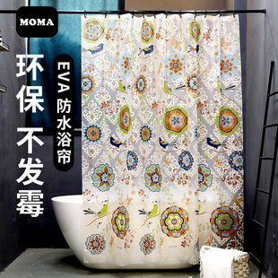 默玛中式美式复古磨砂浴帘，防水加厚防霉卫生间，淋浴浴帘布蜡染花鸟