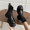 黑色马丁靴女冬季2023年秋季侧拉链厚底系带，短靴英伦风机车靴