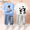 拉夏贝尔男童夏季套装2024童装，小童夏装运动男孩儿童熊猫衣服