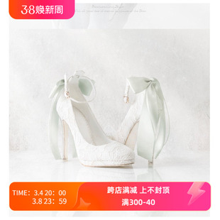 2023春季日系mayla classic 同款白色丝带甜美高跟鞋蕾丝婚鞋