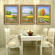 手绘油画客厅装饰画欧式风景有框画餐厅电表箱画 三联画