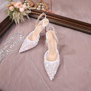 白色蕾丝网纱镂空透气包头高跟凉鞋女主婚纱婚鞋礼服婚宴后空单鞋