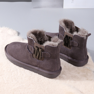 2023牛皮羊毛雪地靴女冬季皮毛一体，加绒短筒靴子防滑保暖棉鞋