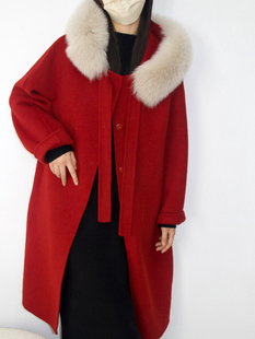狐狸毛领双面呢红色，大衣女2023冬款气质名媛中长款宽松外套