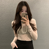 韩国chic春季法式气质圆领，撞色波点网纱透视设计修身显瘦百搭衬衫