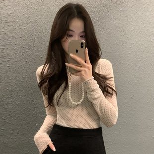 韩国chic春季法式气质圆领，撞色波点网纱透视设计修身显瘦百搭衬衫