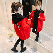 女童卫衣外套秋冬装2022洋气网红女孩中大童连帽螺纹加厚大衣