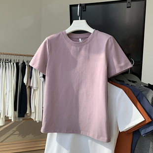 香芋紫色棉质舒适短袖圆领，宽松百搭休闲简约显瘦半袖上衣纯色t恤