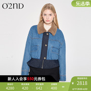 O'2nd/奥蔻春季复古俏皮翻毛领拼接短款牛仔棉服外套上衣