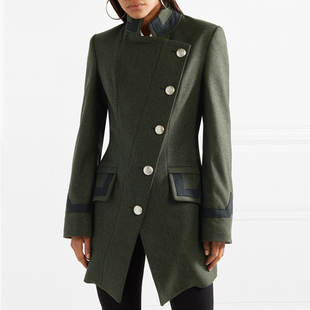 欧美冬季毛呢大衣墨绿色，立领军装风侧边单排扣修身中长款外套
