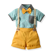 短袖背带周岁礼服衬衫表演跨境拼接翻领男童，时尚短裤夏季套装儿童