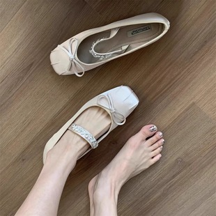 香港仙女风蝴蝶结芭蕾单鞋垫2024春季一字带水钻平底玛丽珍鞋