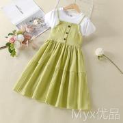 女童连衣裙夏装2023韩版洋气，假两件公主裙，短袖小学生儿童裙子