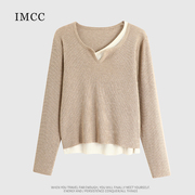 IMCC设计感小众洋气拼接假两件套头针织衫女宽松显瘦长袖毛衣上衣