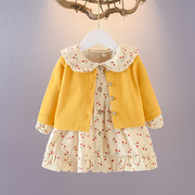 1-5岁女宝宝春装套装女童洋气，上衣两件套碎花，小外套+棉质开衫韩版