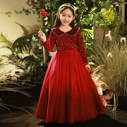 红色高级女大童礼服公主裙长袖，秋冬款花童娃娃领主持人钢琴演出服