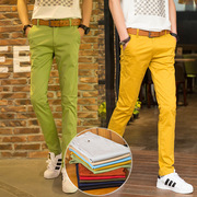 夏季柠黄色男士休闲裤绿色韩版修身小脚显瘦纯棉弹力彩色长裤子潮