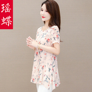 小碎花雪纺衫女短袖上衣，温柔2023年中长款大码小衫遮肚子洋气