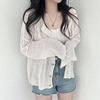 韩国chic夏季温柔简约圆领正反两穿镂空设计长袖防晒针织开衫上衣