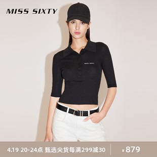 Miss Sixty2024春季套头衫女Polo领羊毛针织简约含桑蚕丝短款