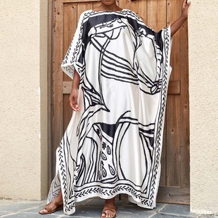 2024年女中东迪拜旅游高级感绸缎连衣裙大码宽松海边度假长袍