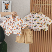 小童装男童夏装套装2024宝宝长颈鹿短袖衬衫短裤儿童短袖套装