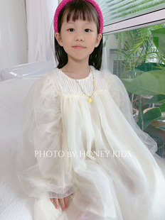 女童米白色纱裙连衣裙，2023秋季女宝宝公主裙，洋气韩系柔软裙子
