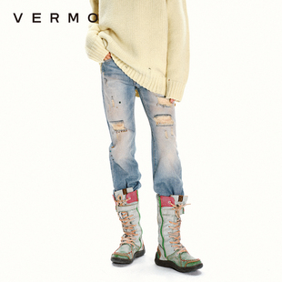 VERMO “追溯记忆” 手缝天然宝石 复古酸洗破洞做旧堆脚牛仔裤