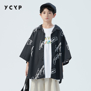 YCYP日系休闲帅气男童短袖衬衫夏季纯棉印花宽松儿童衬衣衣服