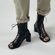 鱼嘴靴子气质镂空交叉绑带，罗马风chic韩风粗跟高跟鞋单靴短靴女潮