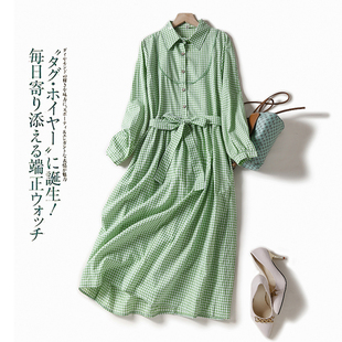 减龄气质收腰系带衬衫裙，女春秋季宽松大码蕾丝拼接绿色格子连衣裙