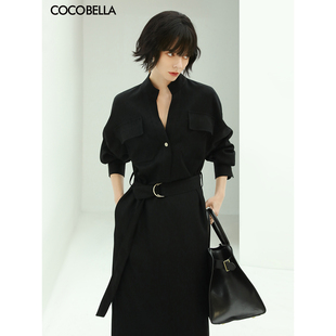 cocobella优雅气质立领黑色，连衣裙女重工通勤ol衬衫裙fr147