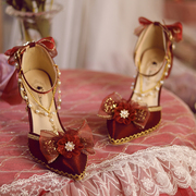 原创一夜物语Lolita鞋红色花嫁尖头细跟新娘结婚高跟洛丽塔鞋