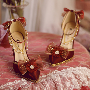 原创一夜物语lolita鞋红色，花嫁尖头细跟新娘结婚高跟洛丽塔鞋