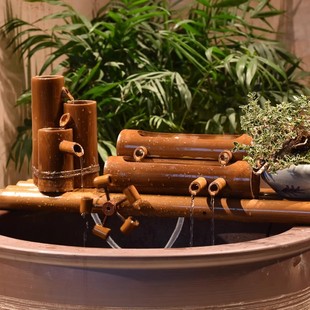 竹子流水器陶瓷鱼缸鱼盆过滤器，风水轮车，招财摆件石槽喷泉加湿增氧